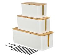 BEZORR Cable tidy box, Cable management box, 3 Cable Storage Box with Bamboo Lid for Hiding Messy Cables Storage Organising Management Desk TV Computer USB Hub Strips Cords, Wire Management, White