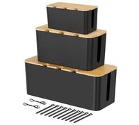 BEZORR Cable Tidy Box, Cable Management Box, 3 Cable Storage Box with Bamboo Lid for Hiding Messy Cables Storage Organising Management Desk TV Computer USB Hub Strips Cords, Wire Management, black