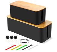 BEZORR Cable Tidy Box, Set of 2 Cable Management Box for Cable and Cord Management, Cable Organisers with Bamboo Lid for Hiding Messy Cables Wire Management - Black