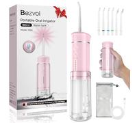 Bezvoi Wireless Travel Oral Irrigator with 5 Modes, 180 ml Water Tank, IPX7 Waterproof Electric Teeth Cleaner, Water Dental Floss with 6 Attachments for Home and Travel Cleaning, Pink