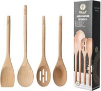 BF BILL.F SINCE 1983 Beech Wooden Cooking Utensil Set, Kitchen Cooking Tools Kitchen Gadgets 4 pieces Spoon & Spatula Mix Perfect for Nonstick Pots and Pans Cookware Turner