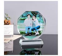 BF-KitchRelic Crystal Photo Personalized, Customized Pictures Etched Engraved in Glass Photo Heart Shape with LED Light Wood Base, Custom Family Photo Crystal Unique Memorial Gift (Octagonal shape)