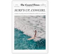 BFADMN Retro Summer Trendy Coastal Cowgirl Newspaper Print Trendy Surfing Beach Headline Poster Vintage Surf'S Up Cowgirl Western Art For Bedroom Dorm Living Room Bar Cart Decor 12x16in Unframed