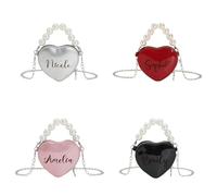 BFBZYME Custom Girls Mini Crossbody Chain Shoulder Bag, Personalized Name Engraved Leather Wallet with Pearl Handle, Heart Shaped Chic Handbag for Women Bridesmaid