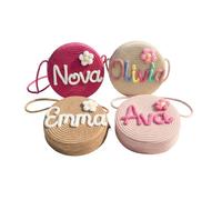 BFBZYME Custom Straw Crossbody Bag with 3D Yarn Name, Personalized Round Sling Box Purse for Back to School Season, Flower Girl Gift, Beach Vacation Accessories