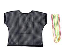 BFD One Ladies Neon '80s Mesh Fishnet Top Free Neon Necklaces Loose Fit Medium Large and XL In Pink Orange Yellow Blue Purple and Black. Wash In Cold Water. 1980s Rave T Shirt Punk Rock