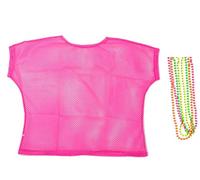 BFD One Ladies Neon '80s Mesh Fishnet Top Free Neon Necklaces Loose Fit Medium Large and XL In Pink Orange Yellow Blue Purple and Black. Wash In Cold Water. 1980s Rave T Shirt Punk Rock