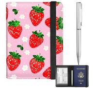 BFDHGQZC Passport and Vaccine Card Holder Cover Combo Passport Holder for Travel PU Leather RFID-blocking Vaccine Card Slot Cover with Elastic Strap &Pen& for Women Men, Pink Strawberry
