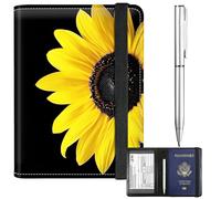 BFDHGQZC Passport and Vaccine Card Holder Cover Combo Passport Holder for Travel PU Leather RFID-blocking Vaccine Card Slot Cover with Elastic Strap &Pen& for Women Men, Yellow Sunflower