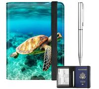 BFDHGQZC Passport and Vaccine Card Holder Cover Combo Passport Holder for Travel PU Leather RFID-blocking Vaccine Card Slot Cover with Elastic Strap &Pen& for Women Men, Sea Turtle