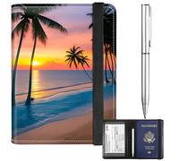 BFDHGQZC Passport and Vaccine Card Holder Cover Combo Passport Holder for Travel PU Leather RFID-blocking Vaccine Card Slot Cover with Elastic Strap &Pen& for Women Men, Sunset Beach Palm Trees