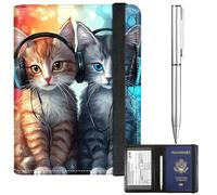 BFDHGQZC Passport and Vaccine Card Holder Cover Combo Passport Holder for Travel PU Leather RFID-blocking Vaccine Card Slot Cover with Elastic Strap &Pen& for Women Men, Cute Cats With Headphones
