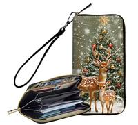 BFDHGQZC Women's Wallet With Wristlet Wrist strap, PU Leather Large Capacity RFID Blocking Credit Card Zipper Long Wallets Coin Pocket Ladies Girls Gift, Beautiful Christmas Deer