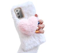 BFEW Cute Plush Case for Samsung Galaxy A14 5G,Furry 3D Love Heart Soft Fluffy Fuzzy Winter Warm Girls Women Case Faux Rabbit Fur Hair Bling Glitter Diamond Silicone Cover,White + Pink