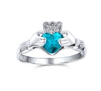 BFF Celtic Irish Friendship Promise AAA CZ Simulated London Blue Topaz Hands & Heart Claddagh Ring For Women Teens .925 Sterling Silver