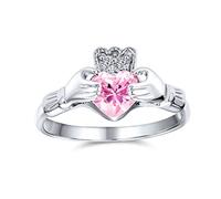 BFF Celtic Irish Friendship Promise AAA CZ Simulated Rose Pink Tourmaline Hands & Heart Claddagh Ring For Women Teens .925 Sterling Silver