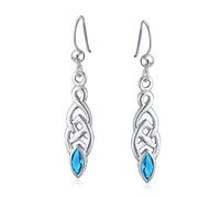 BFF Celtic Irish Love Knot Bezel Set Simulated Blue Topaz CZ Fish Hook Dangle Earrings For Women .925 Sterling Silver