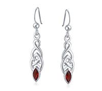 BFF Celtic Irish Love Knot Bezel Set Simulated Red Garnet CZ Fish Hook Dangle Earrings For Women .925 Sterling Silver