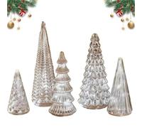 BFF Collection Set of 5 Illuminated Mercury Glass Christmas Trees, Acreatmore Mercury Glass Trees, Christmas Decor Lighted Tree Figurine, for Xmas Home Party Centerpiece (Silver)