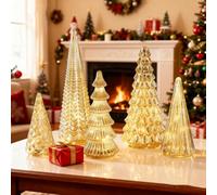 BFF Collection Set of 5 Illuminated Mercury Trees, Acreatmore Mercury Glass Christmas Tree with Led, Stylish Lighted Figurine for Xmas Home Party Centerpiece Tabletop Mantel (Gold)