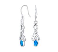 BFF Gemstone Blue Oval Bezel Blue Opal Love Knot Dangle Irish Celtic Earrings For Women Teens Fish Hook .925 Sterling Silver 1.5 Inch Long