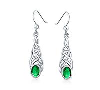 BFF Green Oval Bezel Simulated Emerald Love Knot Dangle Irish Celtic Earrings For Women Fish Hook .925 Sterling Silver