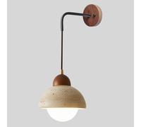 BFFGKGL Mid Century Modern Dome Yellow Travertine Bedside Wall Sconce Japanese Minimalist Natural Stone Wall Light Retro Creativity White Glass Ball Walnut Hallway Wall Lamp For Living Room Bedroom