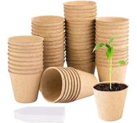 BFGLLY 50 Pcs 8cm Fibre Plant Pots, Biodegradable Seed Pots, Round Seedling Pots with 20 Plant Labels for Growing Vegetables, Fruit, Herb, Flower