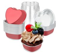 BFJ Heart Shaped Cake Pans 3.5oz/100ml Aluminum Foil Heart Cake Pan with Lids, 25pcs Disposable Small Heart Baking Cupcake Pan Red for Valentine's Day Weddings Birthday