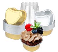 BFJ Heart Shaped Cake Pans 3.5oz/100ml Aluminum Foil Heart Cake Pan with Lids, 25pcs Disposable Small Heart Baking Cupcake Pan Gold for Valentine's Day Weddings Birthday