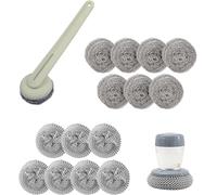 BFJ Stainless Steel Wool Brush Dish Scrubber with Handle Replacement Heads - Steel Scrubbing Scouring Pad Set of 16, Kitchen Cleaning Metal Dish Scrubber for Washing Dishes Grate Pot Pan Sink