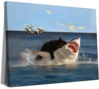 BFKDKG Framed Black Cat Wall Art, Funny Quirky Cat and Shark Pictures Canvas Print, Abstract Black Cat Shark Posters Wall Decor for Room Bedroom Living Room Bathroom 16x24in