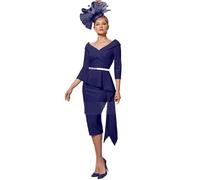 BFLCWSTD Mother Of The Bride Outfits V Neck Off Shoulder Wedding Guest Gowns Midi Sheath 3/4 Sleeves Beading Party Dresses(Blue 2,2)