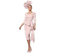 BFLCWSTD Mother Of The Bride Outfits V Neck Off Shoulder Wedding Guest Gowns Midi Sheath 3/4 Sleeves Beading Party Dresses(Baby Pink,2)