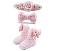 BFNAAgirl Baby Girls Nylon Headbands Socks Set Bow Tie Socks Newborn Flower Socks Elastic Hair Bands Hair Accessories Newborn Toddler Gift (W-3)