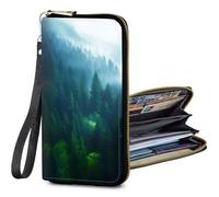 BFSEROBJ Women's Wallets RFID Blocking wallet women with Zipper Wristlet Large Capacity Travel Credit Card Holder Womens Wallet with 11 Card Slots ID Window Cash Coin Purse, Green Beautiful Forest
