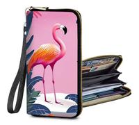 BFSEROBJ Women's Wallets RFID Blocking wallet women with Zipper Wristlet Large Capacity Travel Credit Card Holder Womens Wallet with 11 Card Slots ID Window Cash Coin Purse, Cute Pink Flamingos