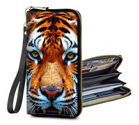BFSEROBJ Women's Wallets RFID Blocking wallet women with Zipper Wristlet Large Capacity Travel Credit Card Holder Womens Wallet with 11 Card Slots ID Window Cash Coin Purse, Tiger Head, women's wallet