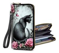 BFSEROBJ Women's Wallets RFID Blocking wallet women with Zipper Wristlet Large Capacity Travel Credit Card Holder Womens Wallet with 11 Card Slots ID Window Cash Coin Purse, Pink Rose Black Cat