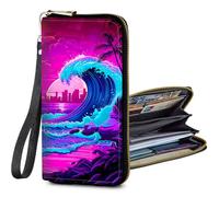 BFSEROBJ Women's Wallets RFID Blocking wallet women with Zipper Wristlet Large Capacity Travel Credit Card Holder Womens Wallet with 11 Card Slots ID Window Cash Coin Purse, Coconut Trees By The Sea
