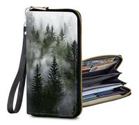 BFSEROBJ Women's Wallets RFID Blocking wallet women with Zipper Wristlet Large Capacity Travel Credit Card Holder Womens Wallet with 11 Card Slots ID Window Cash Coin Purse, Beautiful Green Forests