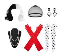 BFSYRR 10 Pcs Dalmatian Costume Adult,Black White Short Wig, Wig Cap,Spotted Socks,Long Red Gloves, Spotted Earrings, Pole and Necklace, Suitable For Halloween