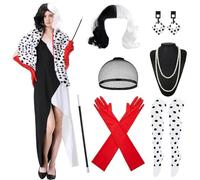 BFSYRR 10 Pcs Dalmatian Costume Adult,Black White Short Wig, Wig Cap,Spotted Socks,Long Red Gloves, Spotted Earrings,Cigarette Holder Pole and Necklace, Suitable For a World Book Day Party