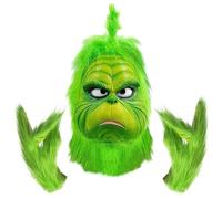 BFSYRR 3 Pcs Christmas Mask Set - Green Latex Full Face Mask, Fuzzy Gloves, Big Monster Mask for Adult Party