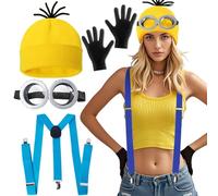 BFSYRR 4 Pcs Yellow Costume Accessories Set,Steampunk Goggles,Yellow Beanie,Black Gloves and Suspenders,Cute and Funny Yellow Costumes are Essential Accessories for World Book Day