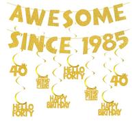 BFSYRR 40th Birthday Decoration, 32 PCS Gold Banner Set with 16 Letters, 8 Hanging Swirls, 8 Small Hangers, Since 1985 Happy Birthday Banner for 40 Years Old Party Decor