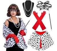 BFSYRR Dalmatian Costume Adult,6 Pcs Evil Dog Fancy Dress Costume,Long Red Gloves, White Black Dalmatian Shawl, Eye Mask, Smoke Pole and Pearl Necklace, Essential Costume for a World Book Day Party
