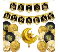 BFSYRR Eid Mubarak & Ramadan Decorations Set, 18PCS Including Banner, Balloons, Ribbons & Straws, Gold & Black, Geometric & Checkered Pattern