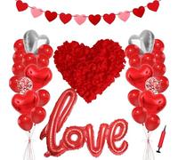 BFSYRR Valentines Decorations, 32 Pcs: Red Heart & Rose Petal Balloons, Banner, Air Pump & Love Balloons