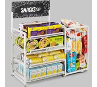 Bfttlity 4-Tier Snack Organizer for Countertop, Metal Candy Display Rack with Pull-Out Shelf, Chips Snack Display Holder for Counter with Baskets Frame for Kitchen Office Store Retail Display (White)